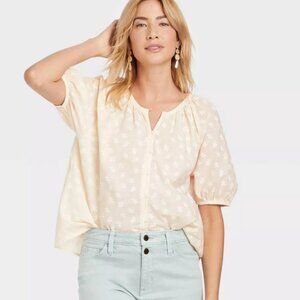 Women's Puff Short Sleeve Button-Front Blouse